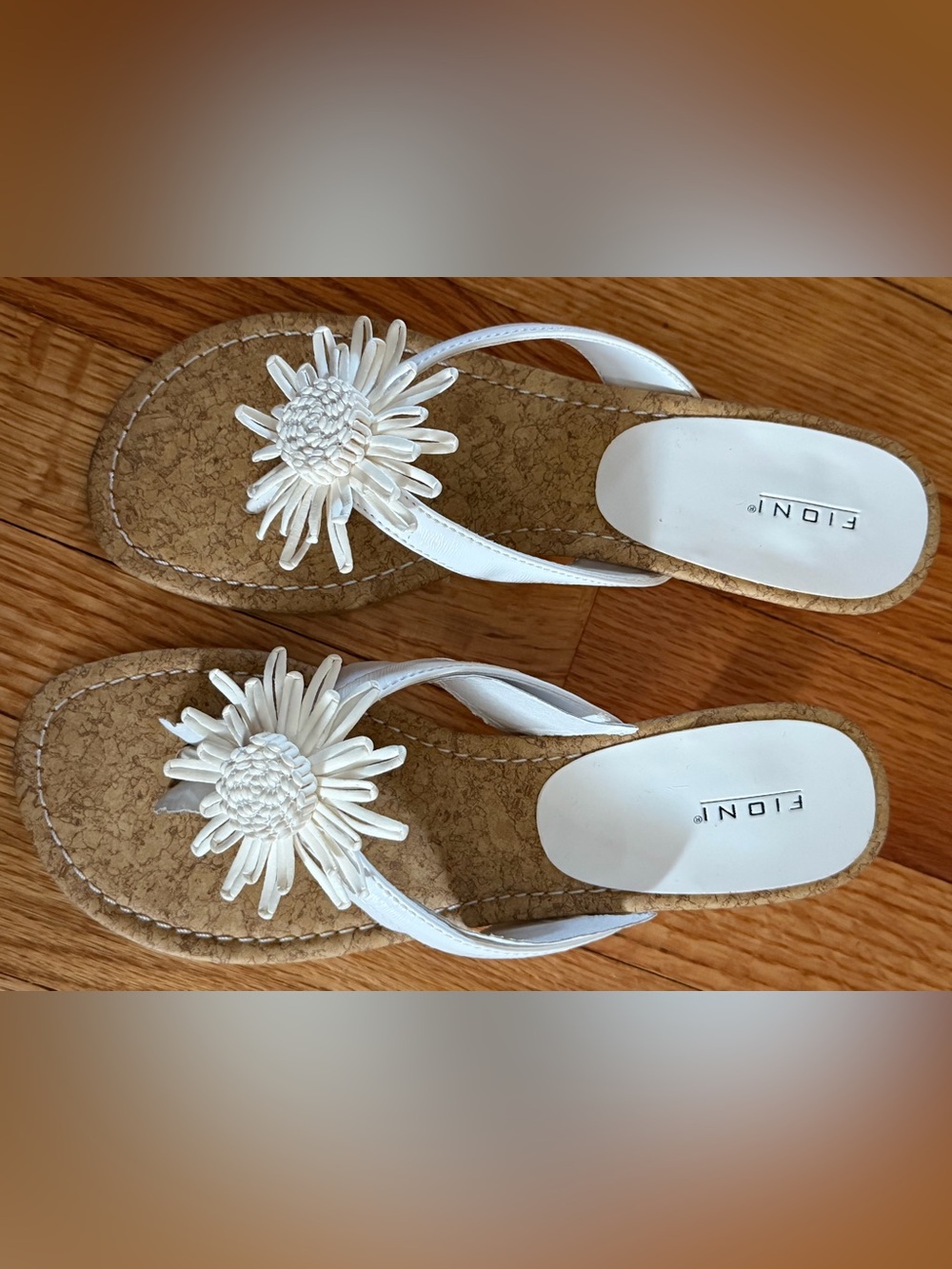 FIONI Clothing White Floral Thong Sandals with Cork Footbed
